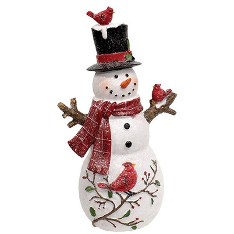 Festive Resin Snowman Figurine with Cardinal and Scarf Glittered Winter Holiday Table Decor 2 Asstd. - 12” H x 7” W x 4” D