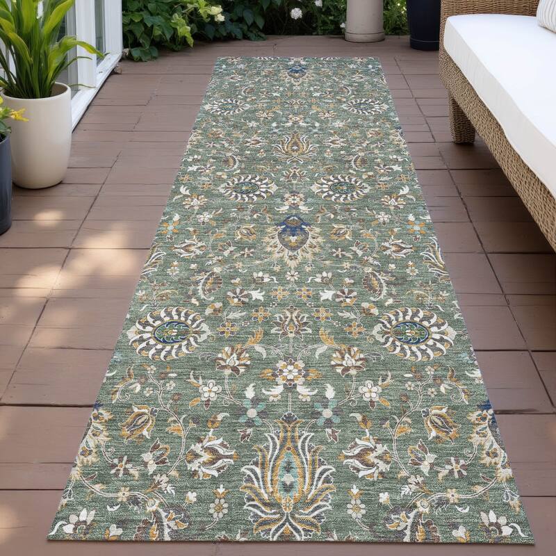 Machine Washable Indoor/Outdoor Traditional Persian Chantille Rug - Green - 2'3" x 7'6"