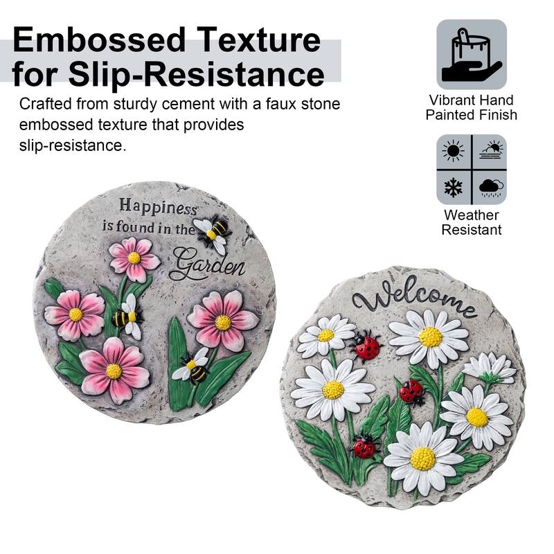 Glitzhome 2-Piece Cement Flower Textured Stepping Stones Garden Decor - 10 in