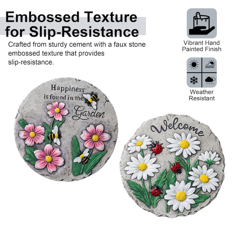 Glitzhome 4-Piece Cement Flower Textured Stepping Stones Garden Decor - 10 in