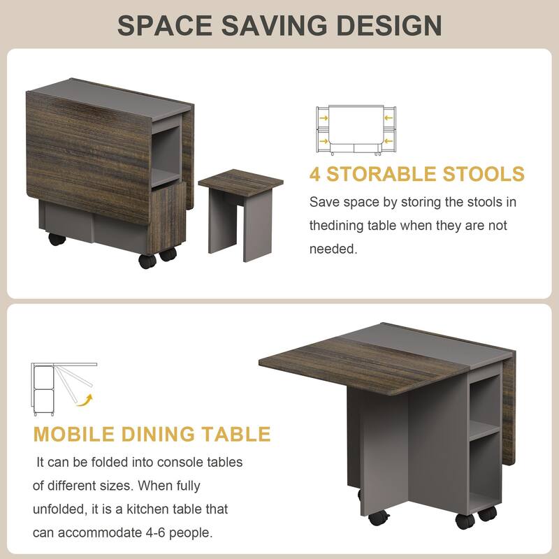 5 Pieces Folding Extendable Dining Table Set with 4 Chairs for 4 Peoples, 55'' Drop Leaf Wood Kitchen Dining Room Table Set with