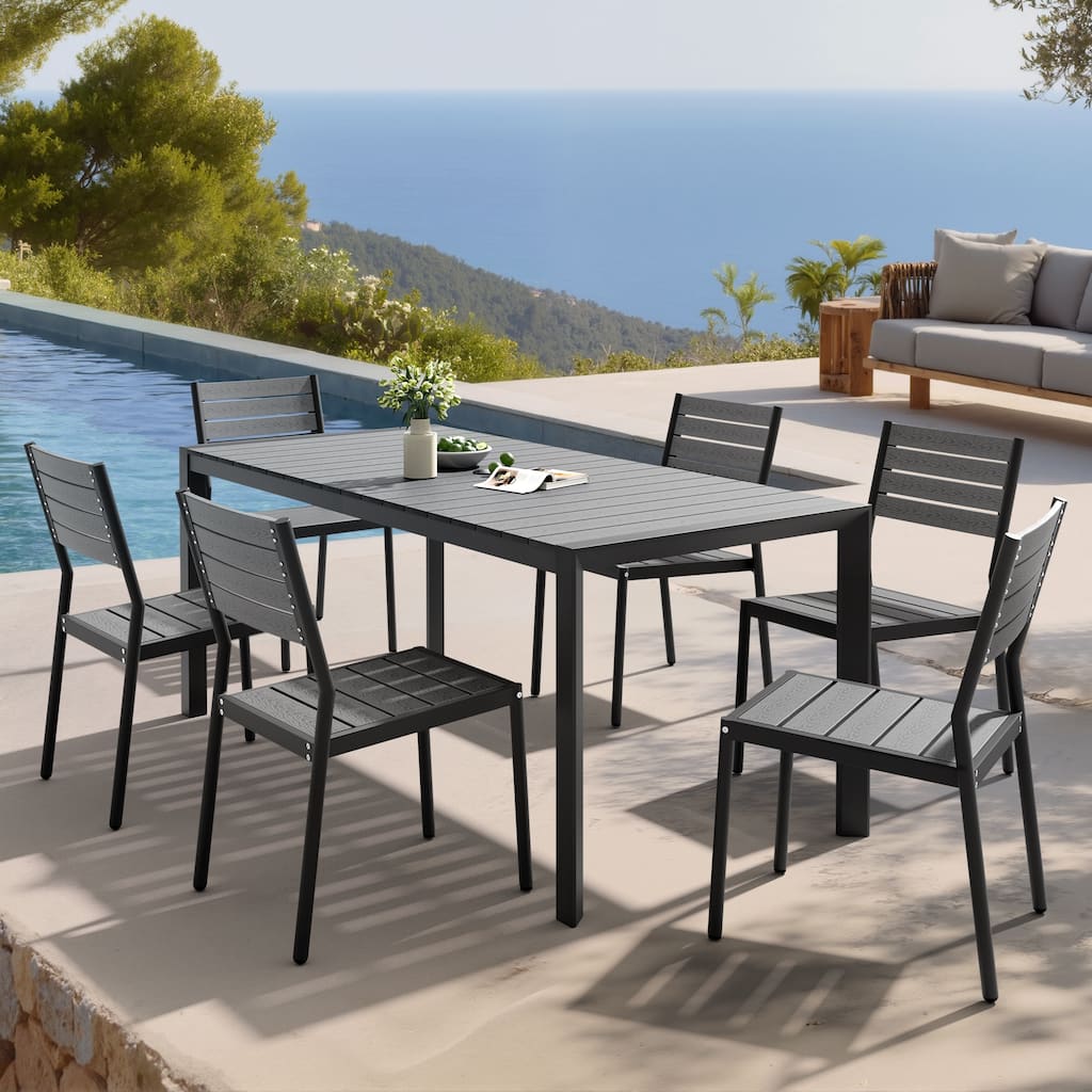 Set of 7 Outdoor Patio Dining Set WoodLike Table Top Aluminum Rectangular Umbrella Hole Table with Stackable Chairs