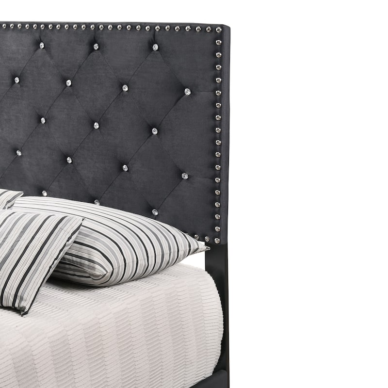 Velvet Upholstered Tufted Panel Twin Bed - 77" - Black