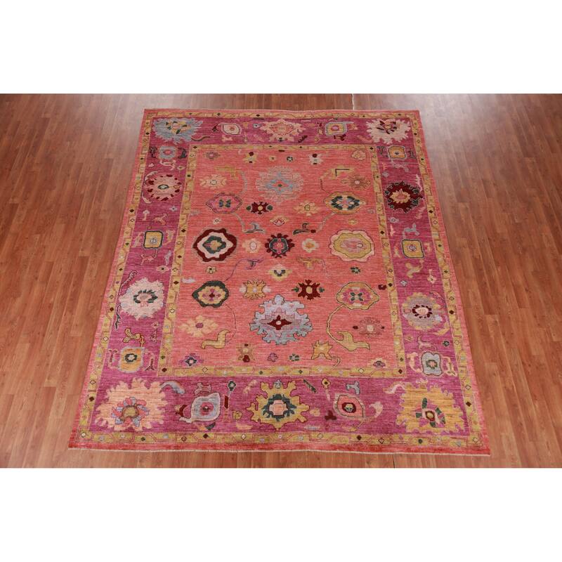 Hand Knotted Oriental 100% Wool Carpet Transitional All-Over Coral Oushak Area Rug - 9' 8'' X 8' 2''