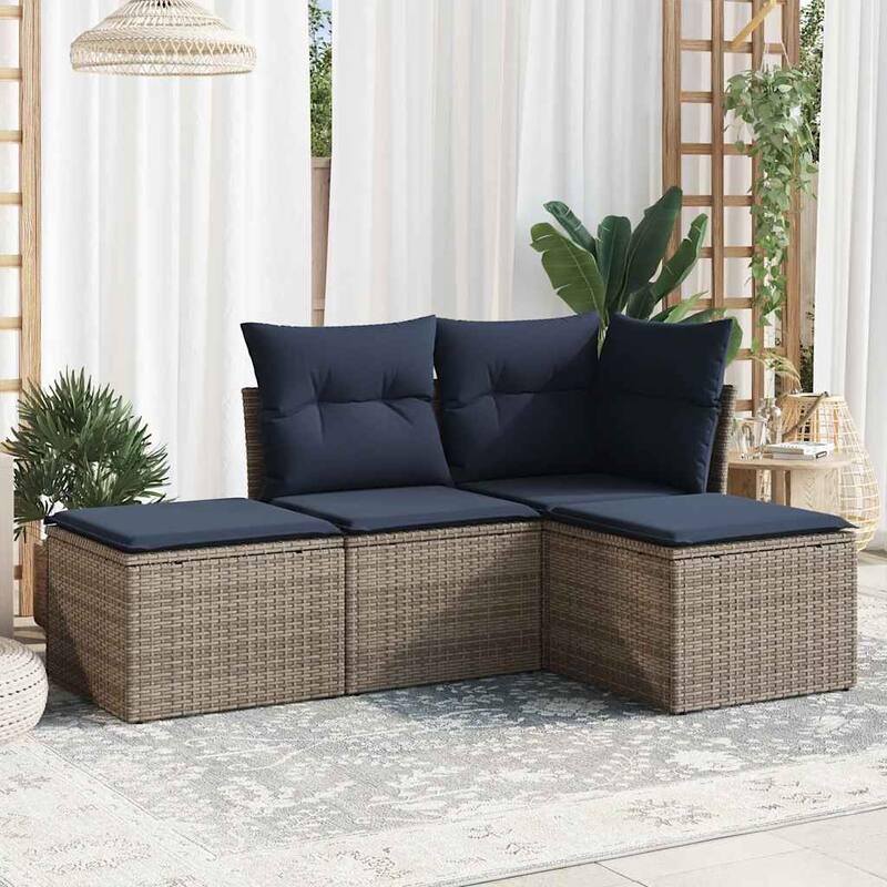 vidaXL 4/5 Piece Patio Sofa Set with Cushions Black/Brown/Gray Poly Rattan - 24.4 x 24.4 x 27.2 - Beige and gray Without table