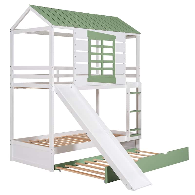 House Shaped Twin over Twin Bunk Bed with Slide, Trundle, and Full-Length Guardrail