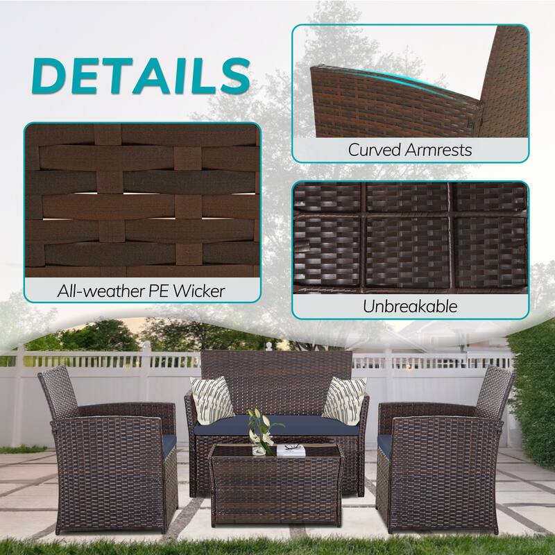 4 Piece Outdoor PE Wicker Furniture Set, Patio Brown Rattan Sectional Sofa Couch with Washable Cushions - Brown