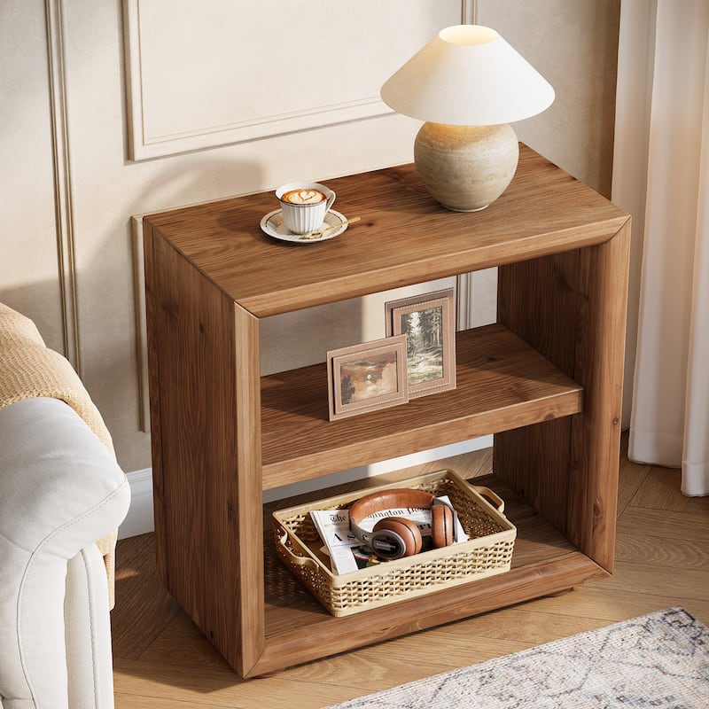 Solid Wood End Table with Storage Shelves, Bedside Nightstand, Living Room Bedroom Accent Side Table - Brown