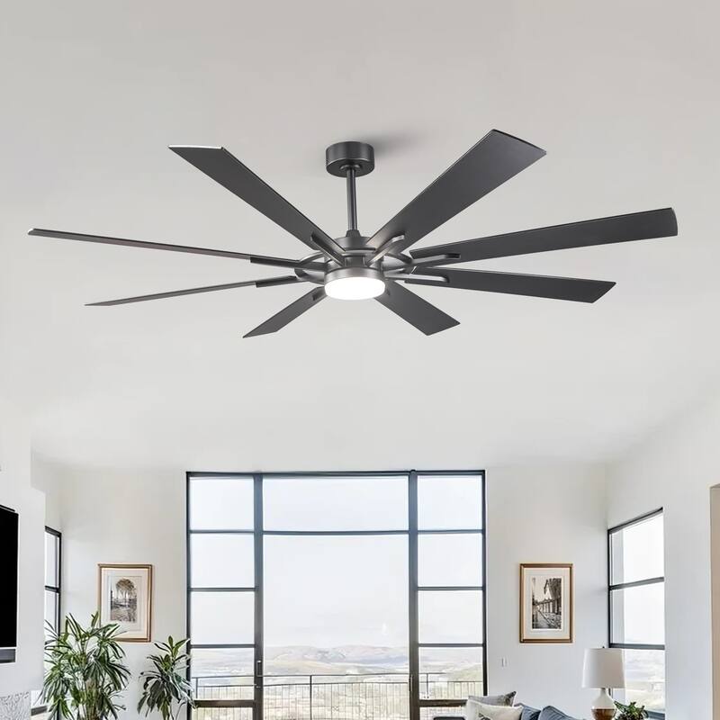 72" Matte Black Large Windmill Farmhouse Integrated LED Ceiling Fan with Light and Remote - 72"Wx12.8"H