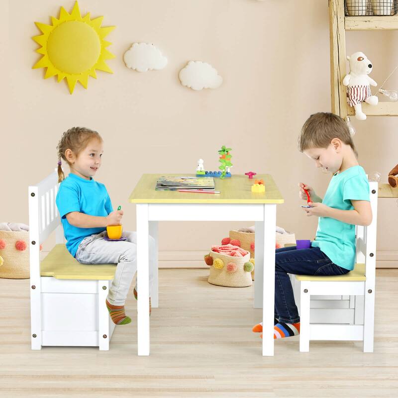Costway 4 PCS Kids Wooden Activity Table & Chairs Set w/Storage Bench - See Details