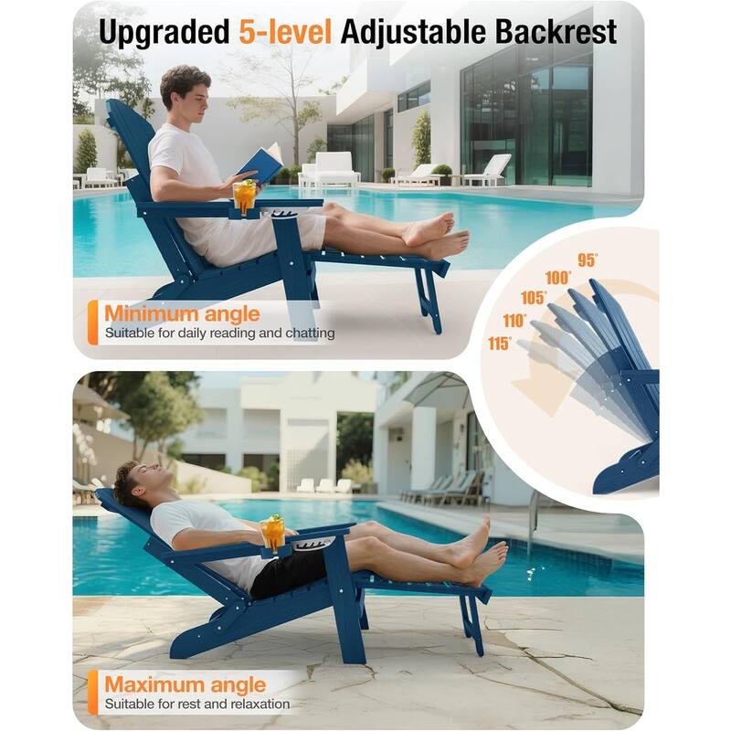 WINSOON Set of 2 HIPS Folding Adirondack Chair with Adjustable Backrest and Retractable Ottoman