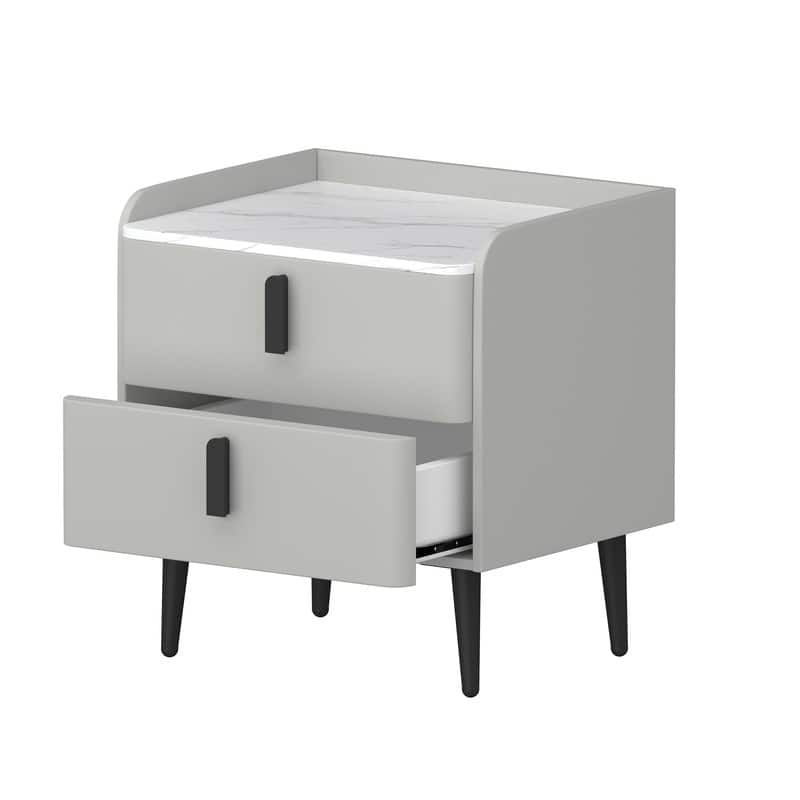 Nightstand with 2 Drawers and Marble-Pattern Tabletop, Modern Beside Table