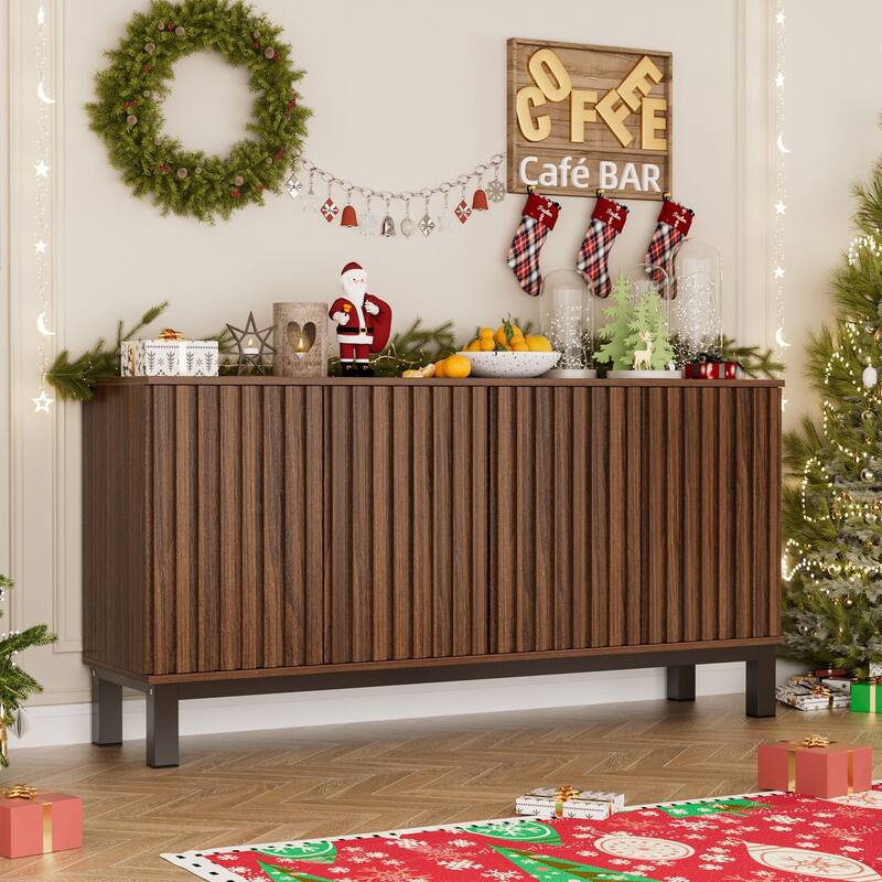 Meyreso 63 Inch Fluted Buffet Cabinet with Shelves & 4 Doors