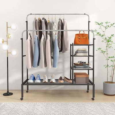 Portable Rolling Hanging Clothes Rack Double Rods Garment Rack
