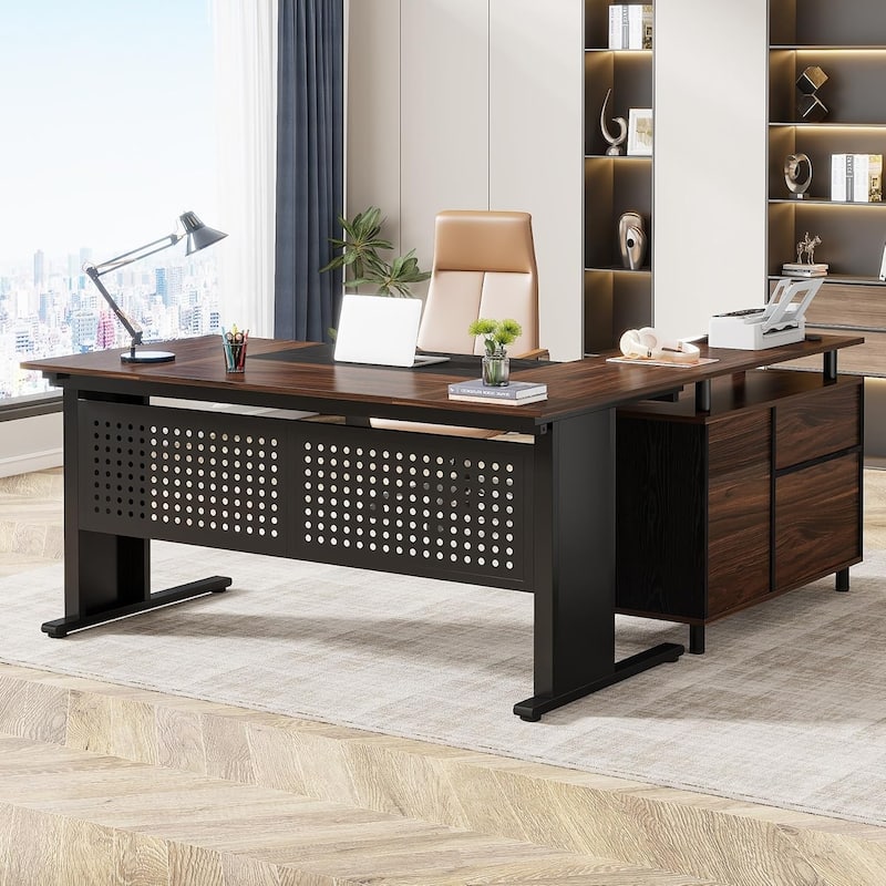 63'' Executive Desk, L Shaped Large Office Desk with File Cabinet - Dark Walnut/Black