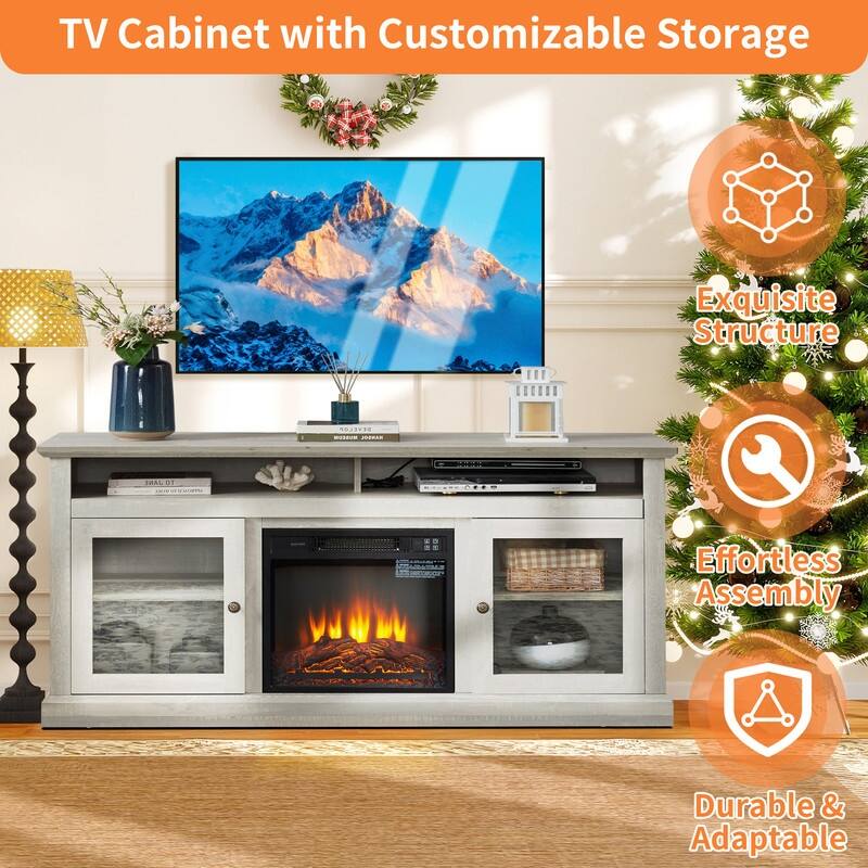 58/60" Contemporary/Classic Fireplace TV Stand for 65" TVs w/ 18" Insert Open/Glass-Door Storage Stone Gray/Driftwood
