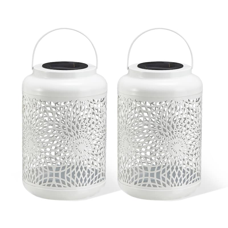 Glitzhome 8.75"H Outdoor Waterproof Metal Solar Hanging Lantern with Flower Leaves Decor