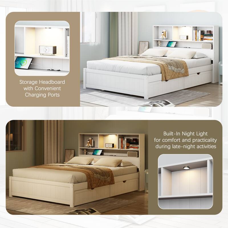 Twin/Full Platform Bed with Bookcase Headboard & Built-in Downlight, Wood Bed Frame with Charging Station & 2 Side Drawers