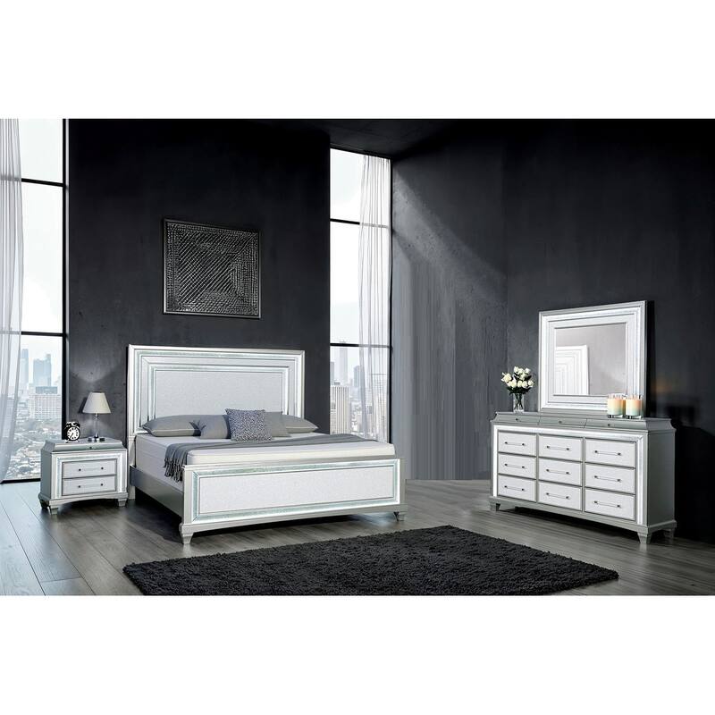 4 Pc Contemporary Bedroom Set Grey Finish Bed Nightstand Dresser and Mirror