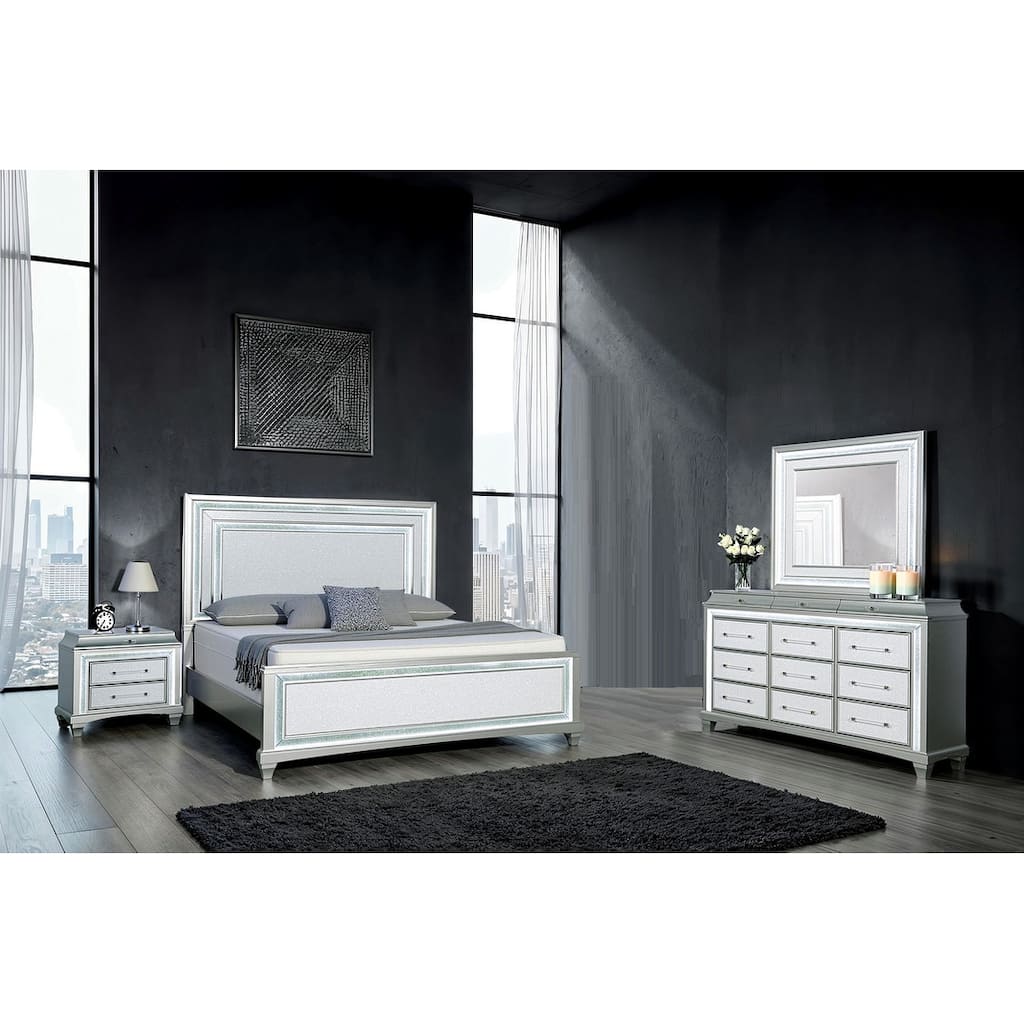 4 Pc Contemporary Bedroom Set Grey Finish Bed Nightstand Dresser and Mirror