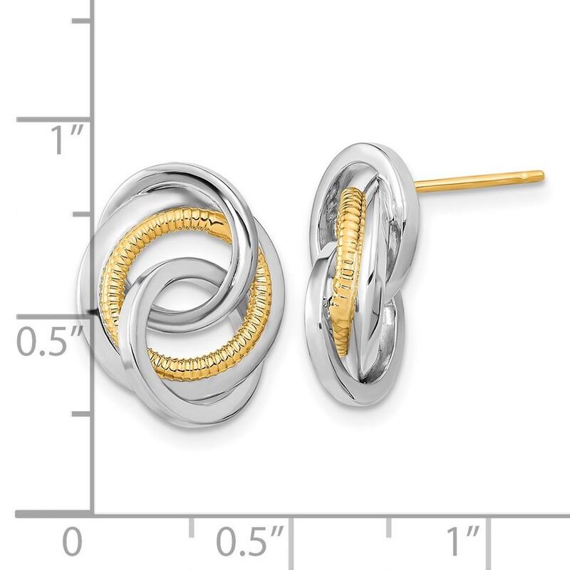Curata 14k Two tone Gold Polished and Textured Oval Knot Post Earrings 17x13.5mm