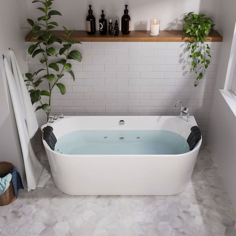 67 in. x 31.5 in. Center Drain Freestanding Whirlpool Bathtub Hydrotherapy Jetted Soaking Bath Tub - Tub filler in White