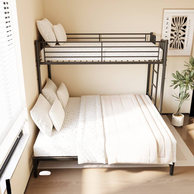 Space-Saving Twin Metal Bunk Bed with Guardrail and Built-In Ladder, Convertible Frame for Bedroom