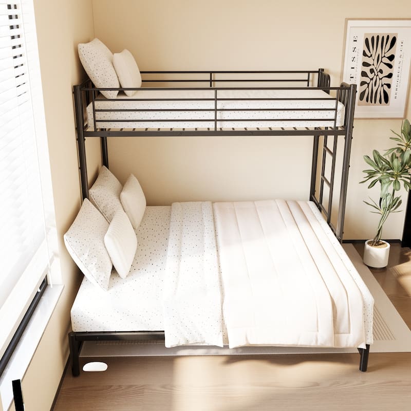Twin Size Black Metal Bunk Bed Frame with Pull-out Bed, Guardrail and Built-In Ladder, Space-Saving Convertible Platform Bed