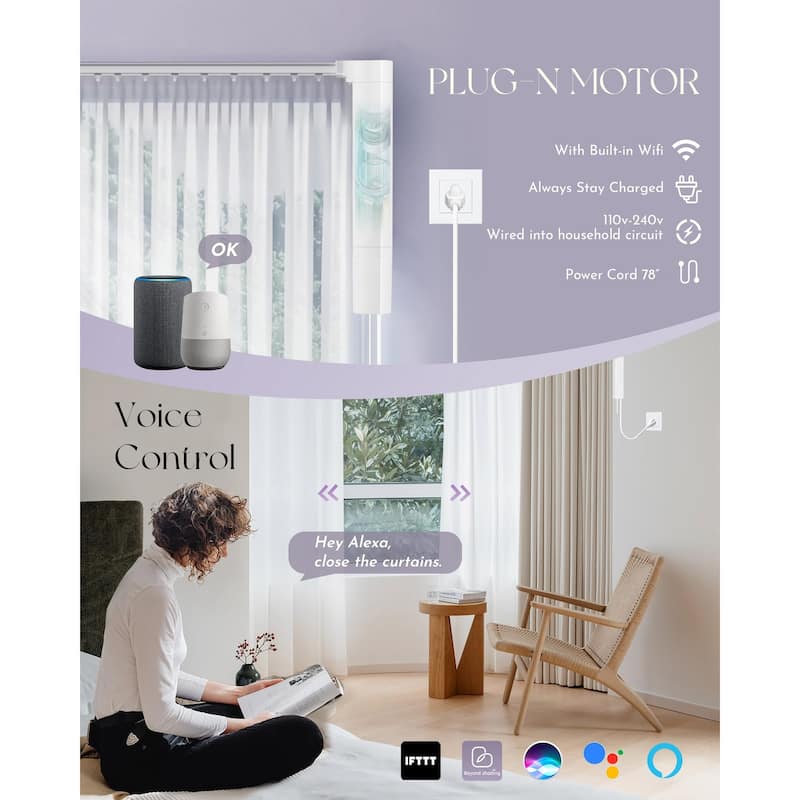Smart Curtain System, Retractable Motorized Curtain Rail Compatible with Alexa Google (77" to 141" Width),White