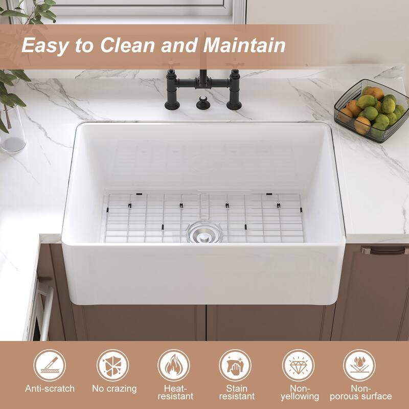 HOROW White Fireclay 30 in. x 20 in. Single Bowl Farmhouse Apron Front Kitchen Sink with Bottom Grid and Strainer - 30x20 Inch