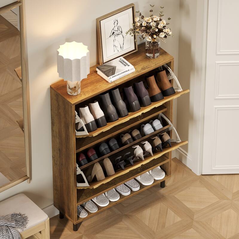 2 Flip Drawers Narrow Shoe Cabinet for Entryway Organizer - Brown