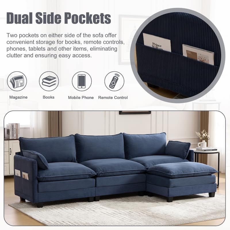 102.95" L-Shaped Corduroy Sectional Sofa with Movable Ottoman