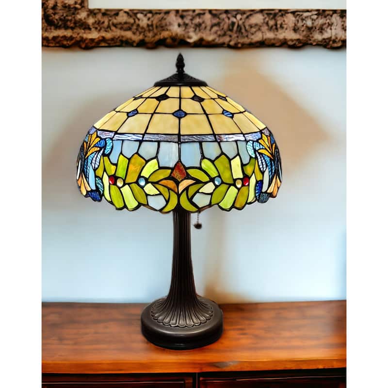 23" Dark Brown Metal Two Light Candlestick Table Lamp with Green Shade - 12” x 21” x 23”