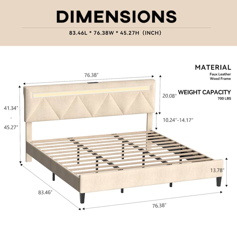 Upholstered Platform Bed Frame with Adjustable Headboard, LED Light, Charging Station, No Box Spring Needed, Wooden Slat Support