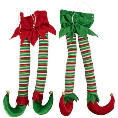 Set of 2 Red Green Striped Plush Elf Legs Christmas Decorations 18"