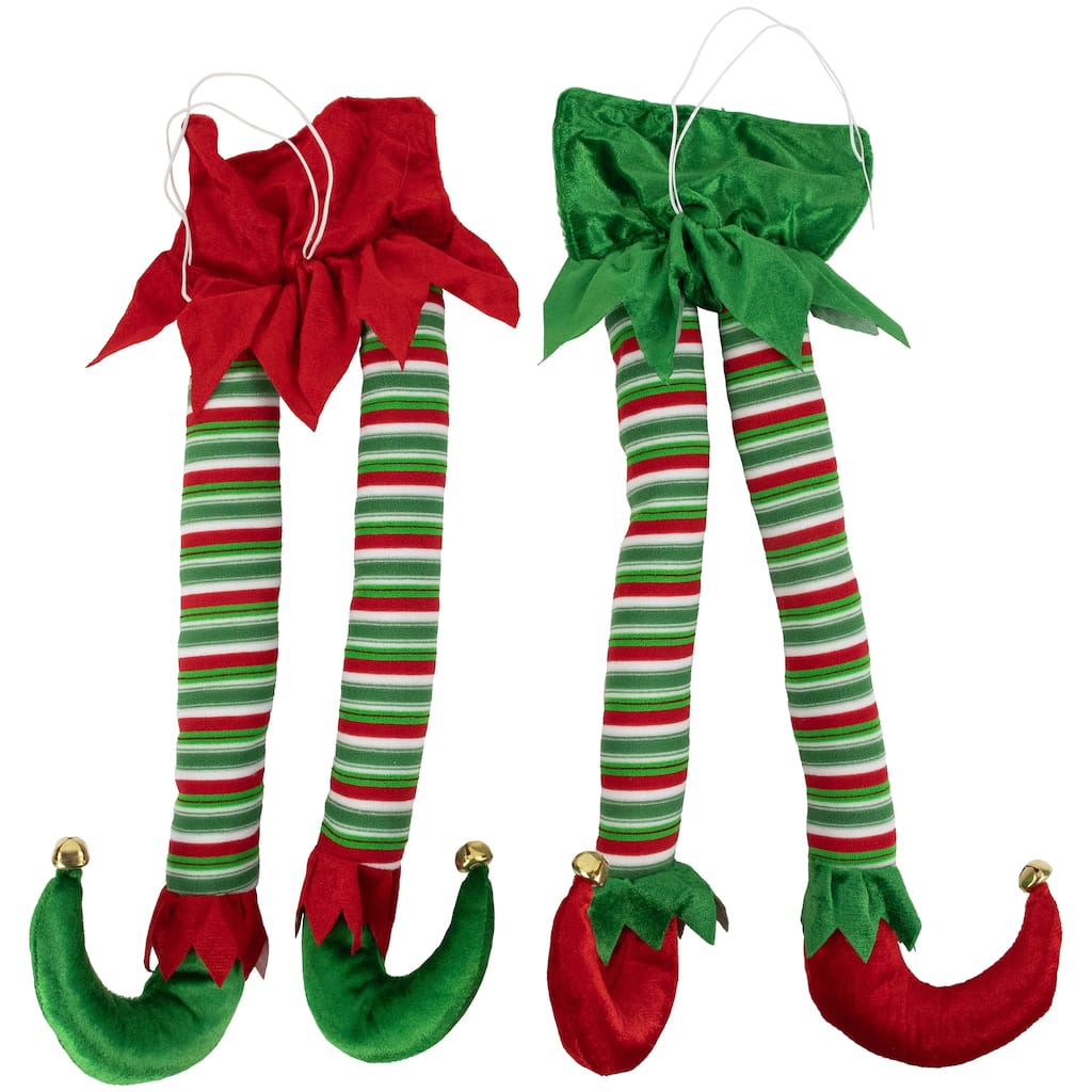 Set of 2 Red Green Striped Plush Elf Legs Christmas Decorations 18"