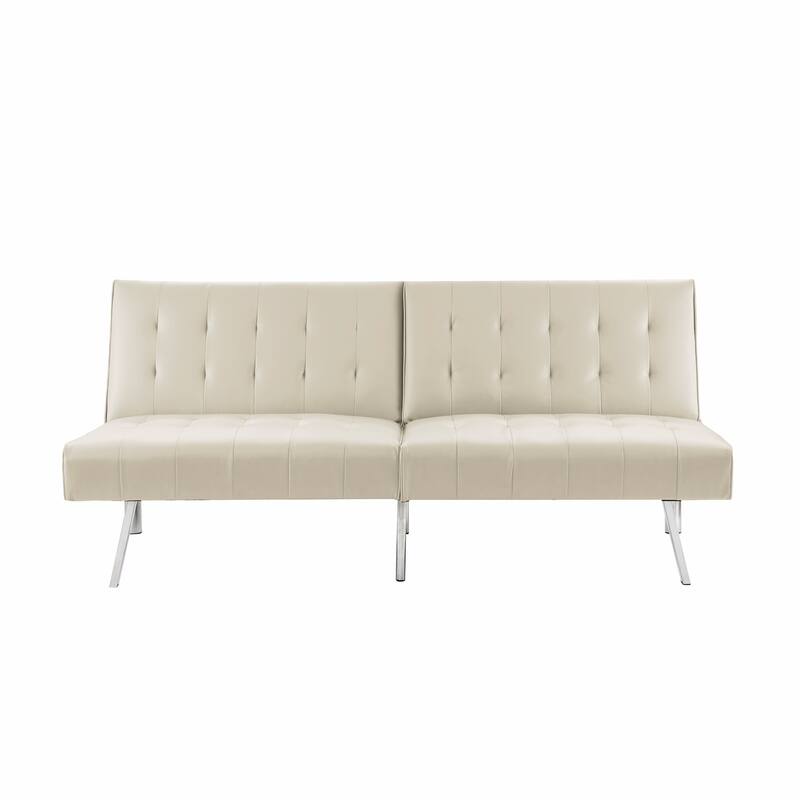 Tufted Mid-Century Modern Split Back Futon Sofa Couch Bed with Chrome Legs - Cream,Faux Leather