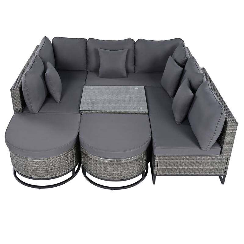 7-Piece Outdoor Wicker Sectional Sofa Set with Coffee Tables, Pillows