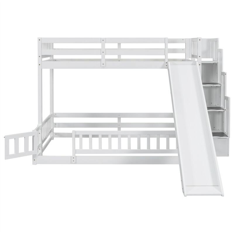 Twin Over Full Size Floor Bunk Bed with Slide and Safety Guardrails, Wooden Bunk Bedframe with Storage Staircase and Fence