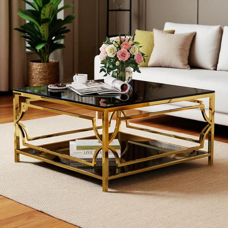 Square Glass Coffee Table 33.5" with Gold Geometric Metal Frame and Lower Shelf, Modern Accent Furniture