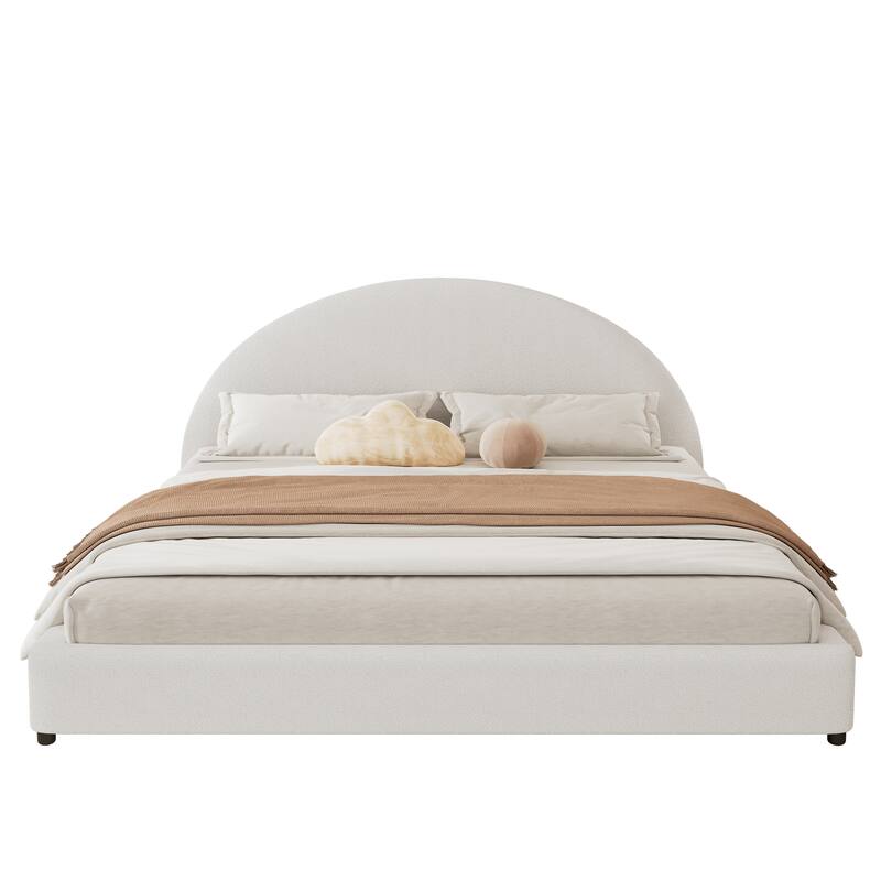 Roomfitters Modern King Bed Frame with Boucle Upholstery and Curved Round Headboard, Bedroom Decor, White
