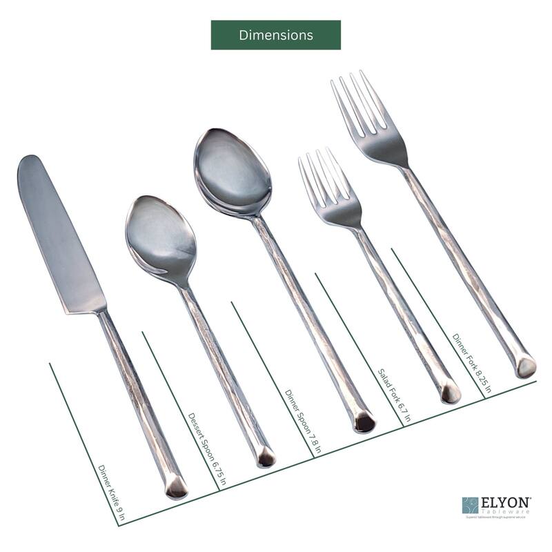Elyon Ambrey Reflective Silver 20 Piece Flatware Set Indian Artisan-Made Set Hand-Forged Stainless Steel Service for 4