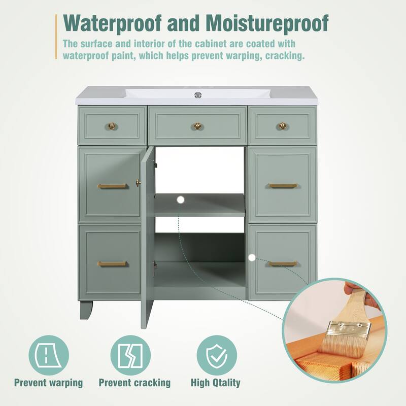 36" Black Bathroom Vanity Cabinet with Single Sink, Soft-Close Door, 3 Drawers, Waterproof Resin Sink