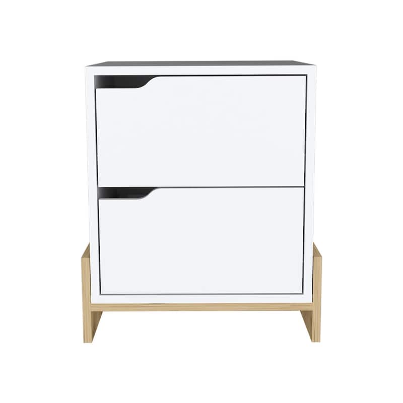 Nightstand Brookland,Bedside Table with Double Drawers and Sturdy Base,White / Macadamia Finish