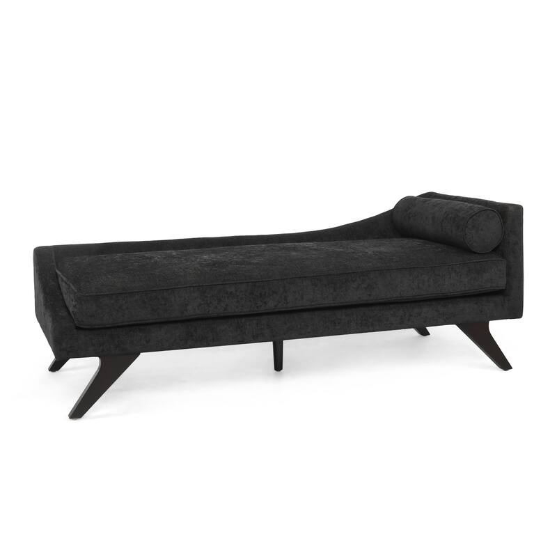 Roomfitters Modern Upholstered Chaise Lounge with Bolster Pillow and Angled Wood Legs, Black
