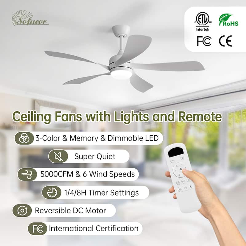 52" Indoor Noiseless Ceiling Fan with Integrated LED Light and Remote