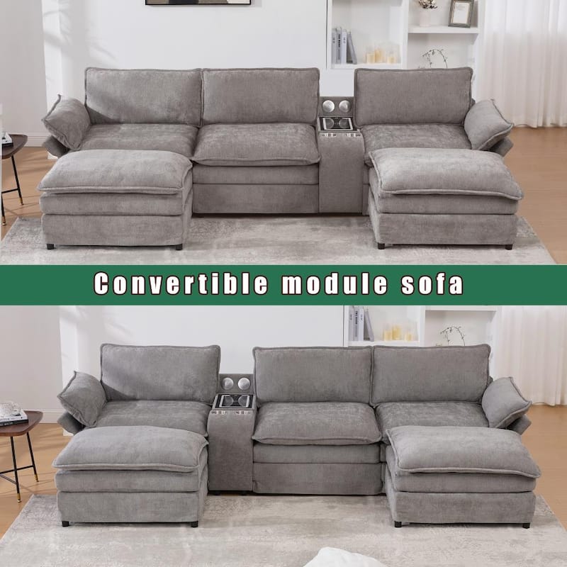Modern Modular Sectional Sofa with Storage Console and Wireless Charging, Ottomans