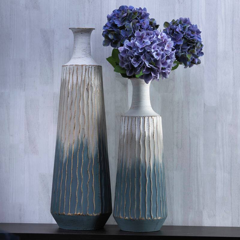 Elements Set of 2 Blue Gray Metal Vases, 20 Inch, 27 Inch