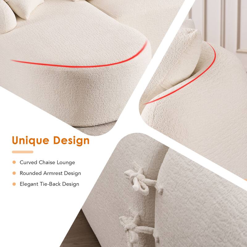 L-Shaped Sectional Sofa with Curved Chaise, Chenille Boneless Cloud Sofa, Modular 4-Seater Sofa with 4 Throw Pillows