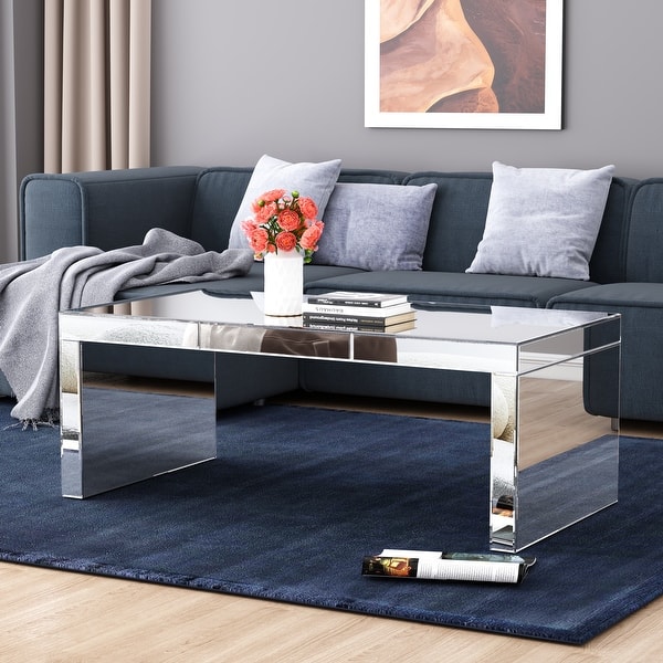 Glam Glass Mirrored Coffee Table Rectangle Silver Accent Table Bed